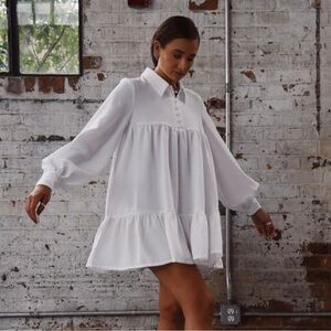 Danielle Bernstein Textured Woven Baby-Doll Mini Dress White Small Oversized
